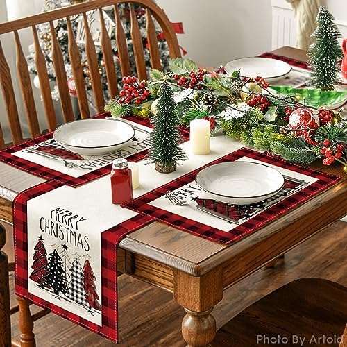 Artoid Mode Red and Black Buffalo Plaid Christmas Trees Placemats Set of 6, 12x18 Inch Winter Table Mats for Outdoor Home Party Kitchen Dining Decor