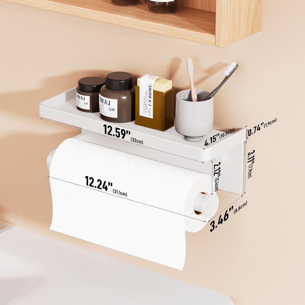 White Paper Towel Holder with Shelf, Wall Mount Paper Towel Holder for Bathroom Kitchen, Hand Towel Rack Holder,Paper