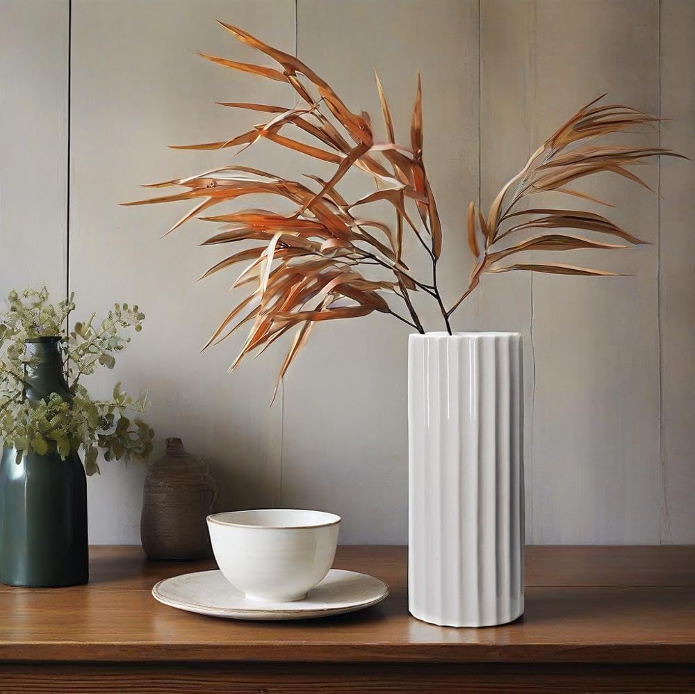 Glazed Ceramic Vase Ribbed Minimalist Waterproof Flower Vase / Straight Cylinder / White