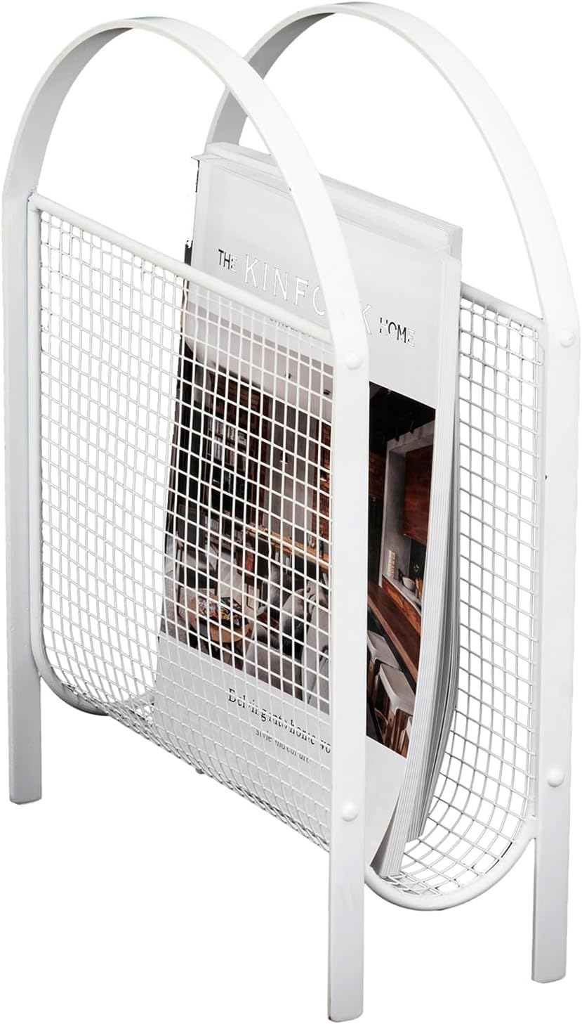 MyGift White Metal Mesh Magazine Rack, Mid Century Freestanding Holder | Sling-style storage keeps newspapers and