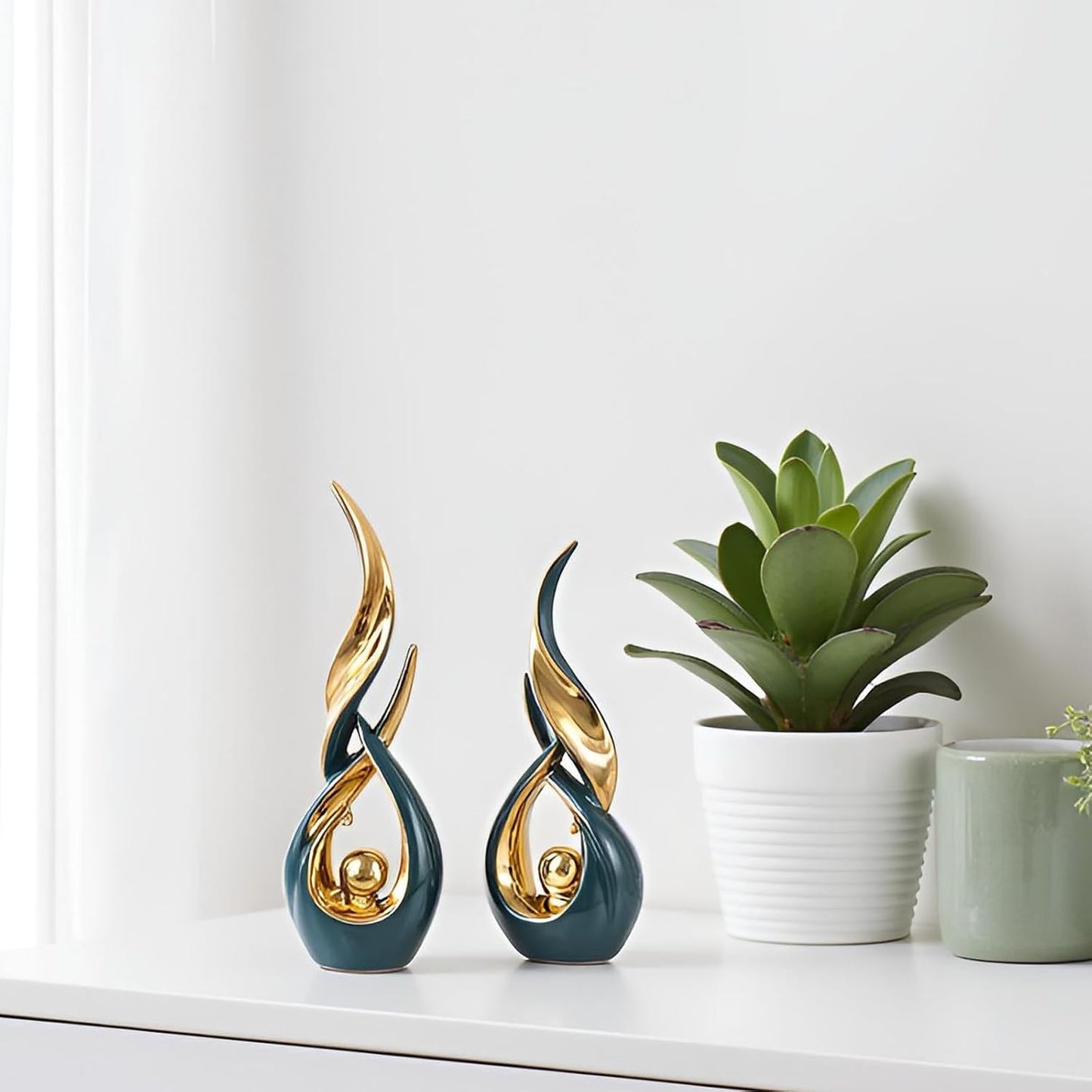 Gold Ceramic Abstract 2 Piece Statue Set / Green