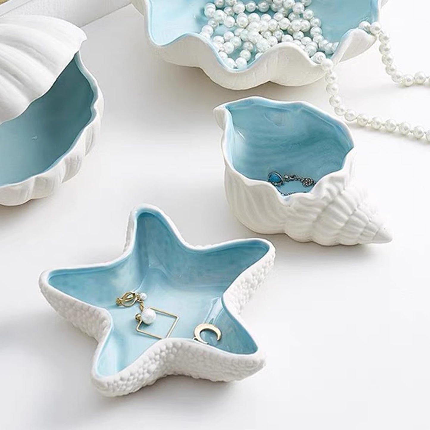 Ceramic Jewelry Tray Starfish Conch Shape Aqua Shell Trinket Plate Ceramic Conch Shell / Set of 2