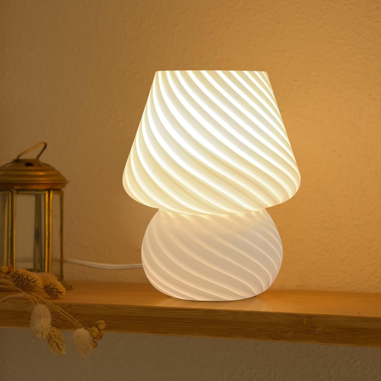 ONEWISH Mushroom Lamp-Small Bedside Table Lamp with Striped Glass, Nightstand Lamp for Bedroom, Living Room, 3000K E26