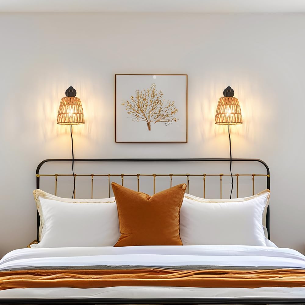 Boho Plug in Wall Sconce Set of 2 – Black Farmhouse Wall Lights with Rattan Shade | Bedroom & Living Room Plug in Wall