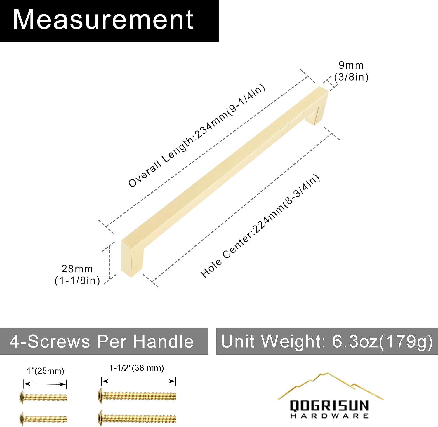 QOGRISUN 5-Pack Brushed Brass Cabinet Pulls, Solid Brass, 8-3/4" Center | Solid Brass Square Pulls, Brushed Brass