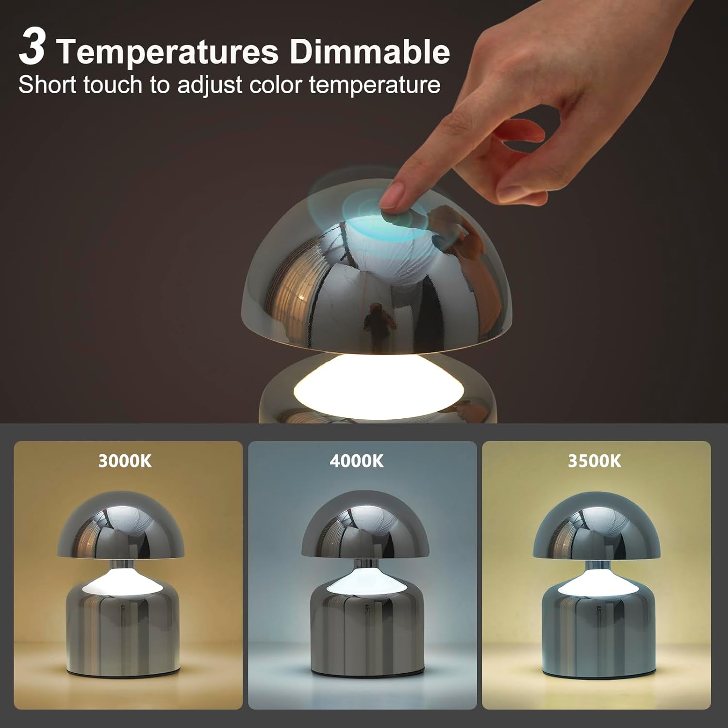 SAIWEYA Modern Cordless Mushroom Small Table Lamp, Dimmable Touch Battery | 3-Way Dimmable, Mini Rechargeable LED Desk