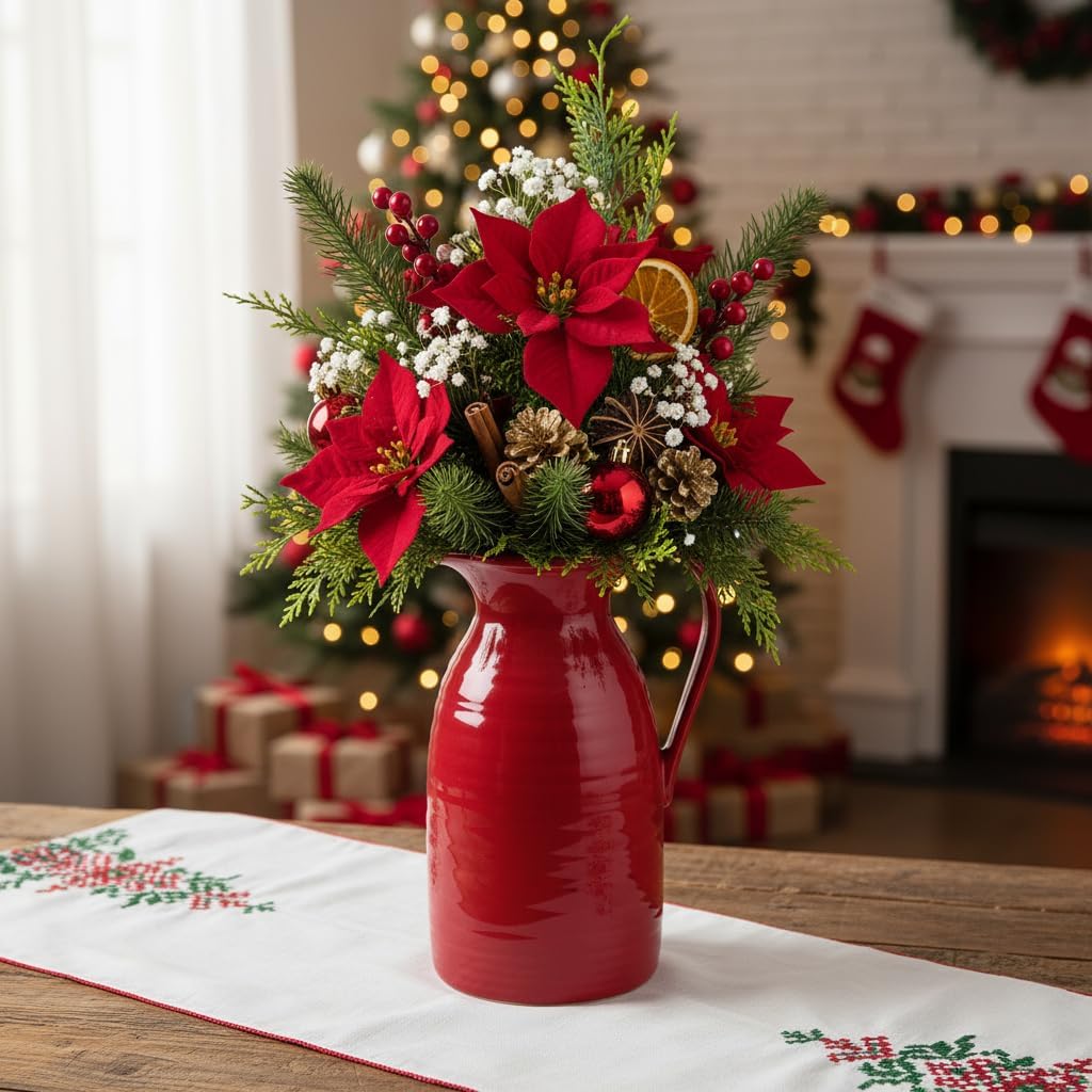 Farmhouse Pitcher Vase for Flowers- Ceramic Pitcher Vase Red Decorative Pitcher / Red - Pitcher Vase