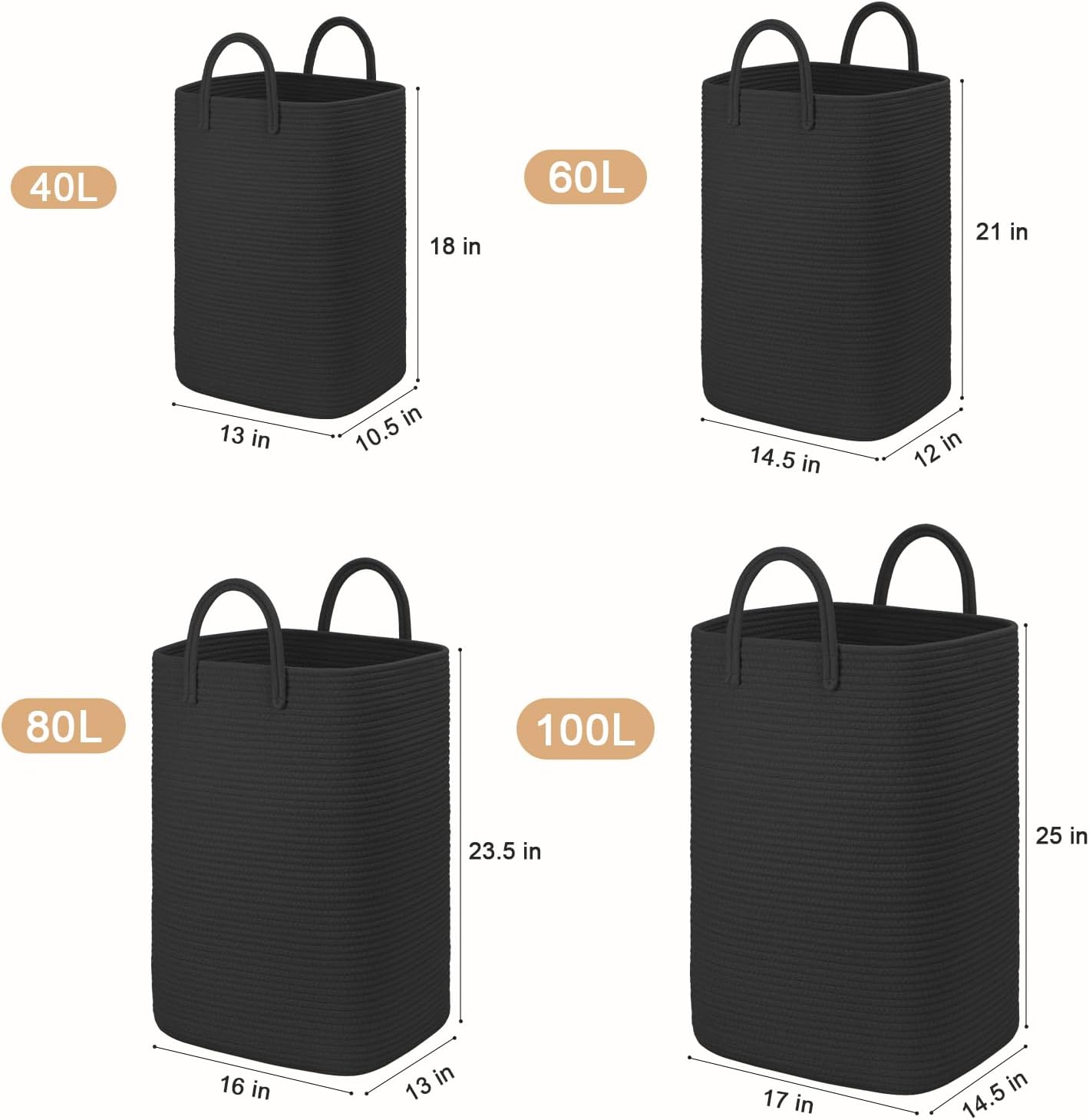 Laundry Basket / Woven Cotton Rope Laundry Hamper / 60L / Darkblack