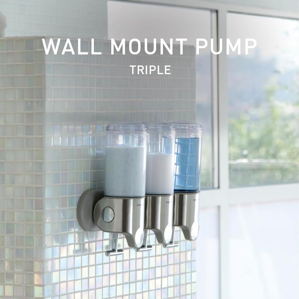 simplehuman Triple Wall Mount Pumps, Hotel-Grade Refillable 3-Chamber Shampoo Conditioner Body Wash Shower Dispenser