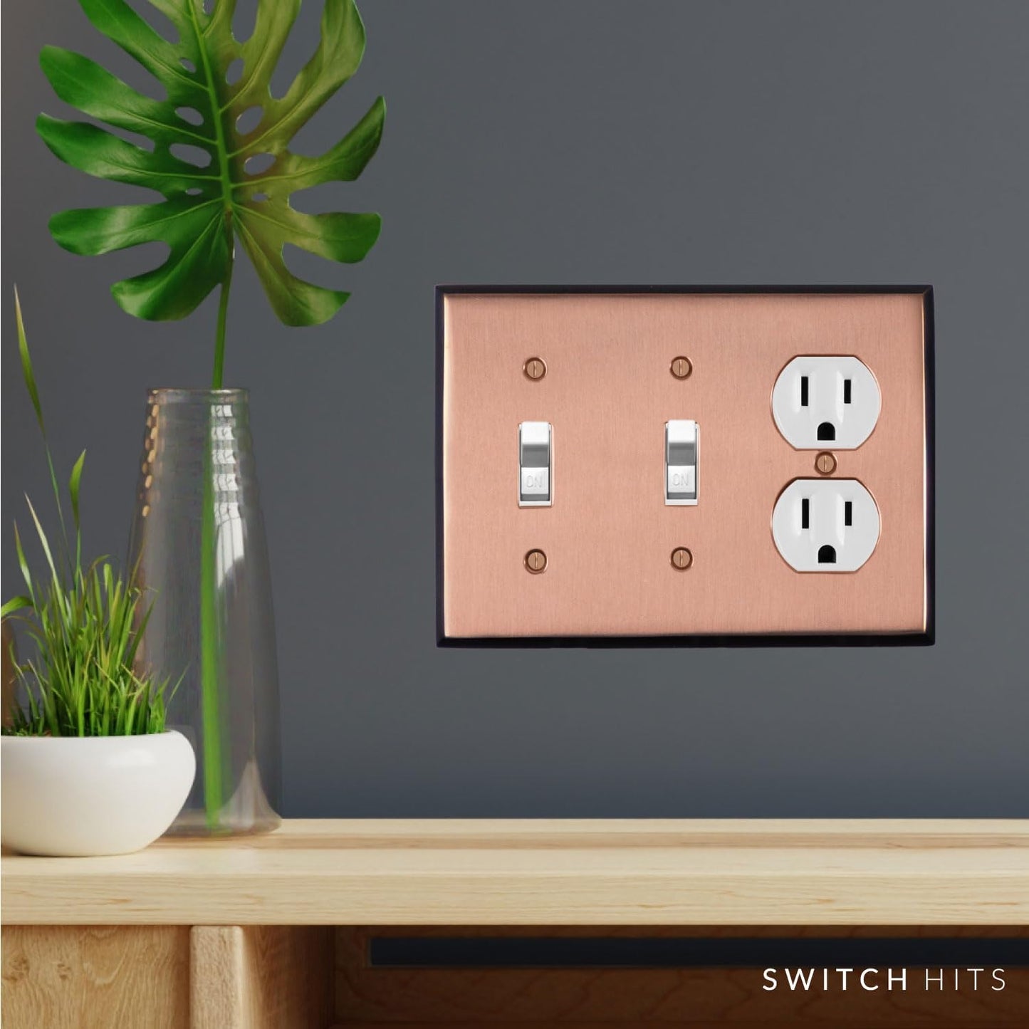 Pink Antique Copper Outlet Wall Plate | 2 Toggle - 1 Duplex | 6.25" x 4.5" | Hand-Polished Brass Construction