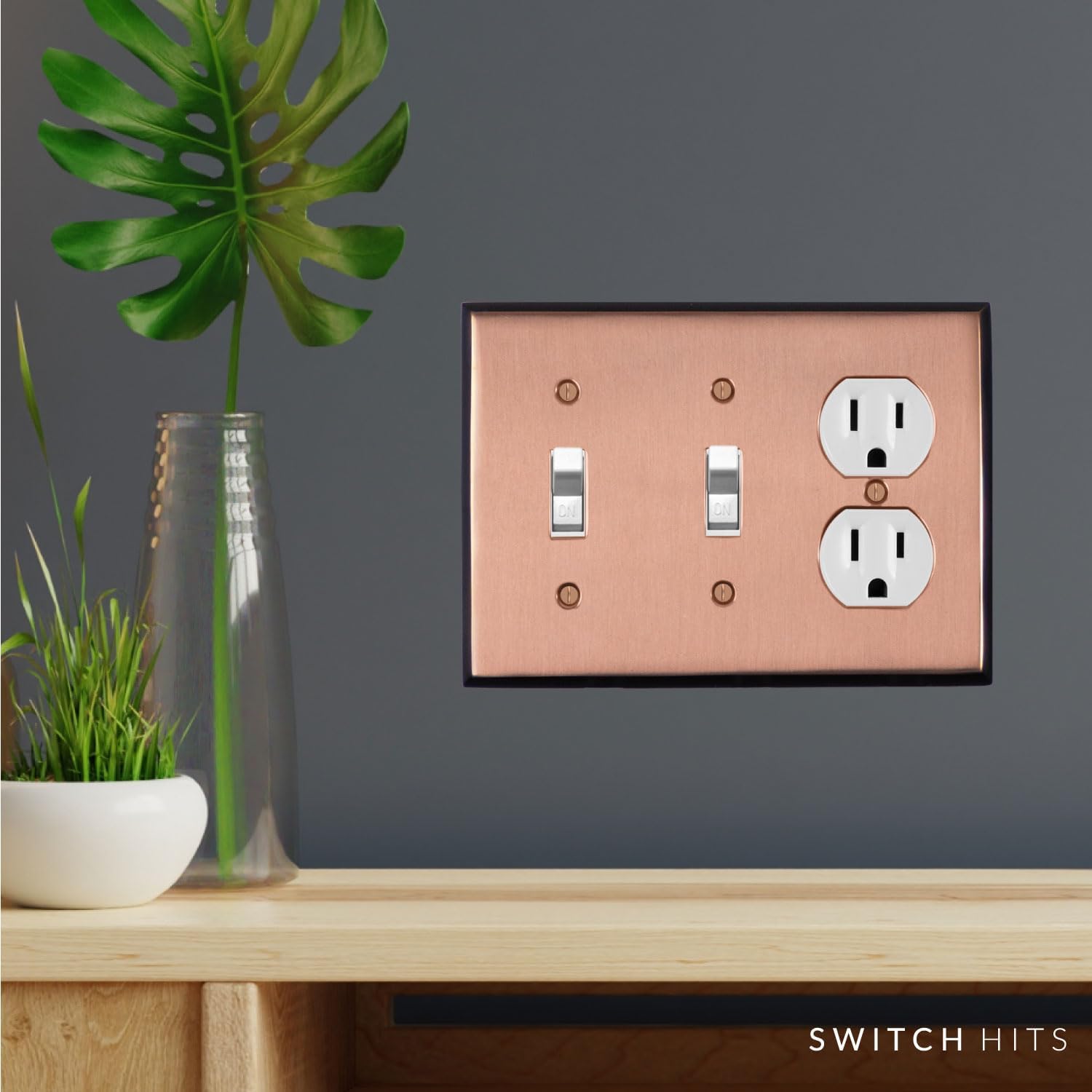 Pink Antique Copper Outlet Wall Plate | 2 Toggle - 1 Duplex | 6.25" x 4.5" | Hand-Polished Brass Construction