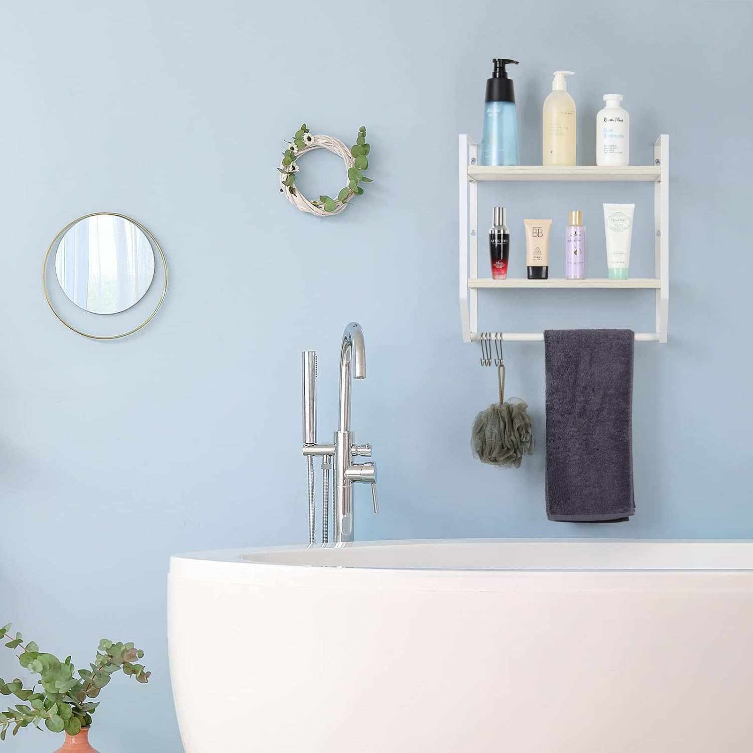 OYEAL Bathroom Shelf with Towel Bar Wall Mounted | Towel RaRustic Towel Shelf for Bathroom with 5 Hooks, 2 Tier Shelf