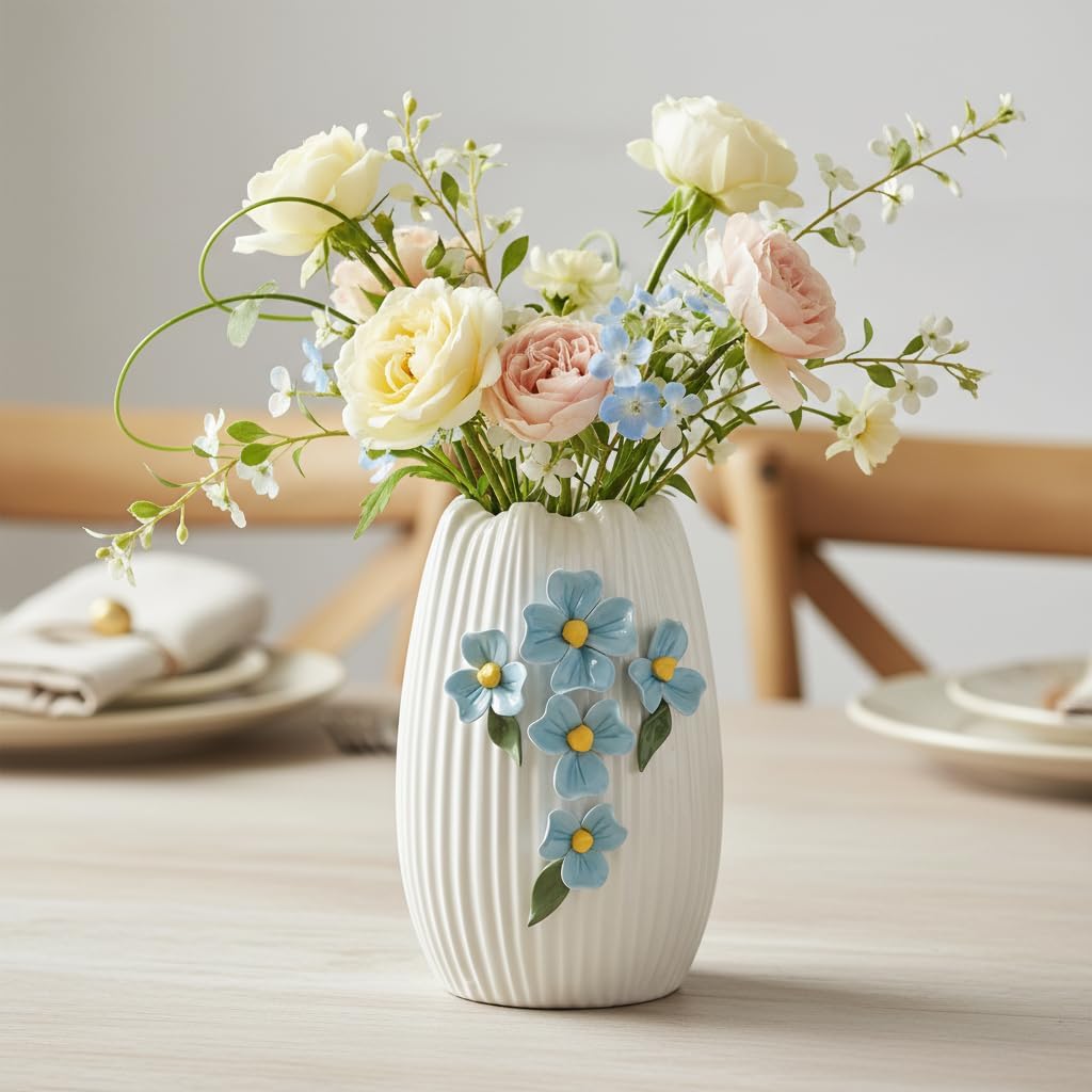 White Ceramic Vase / White and Light Blue / 7 Inch