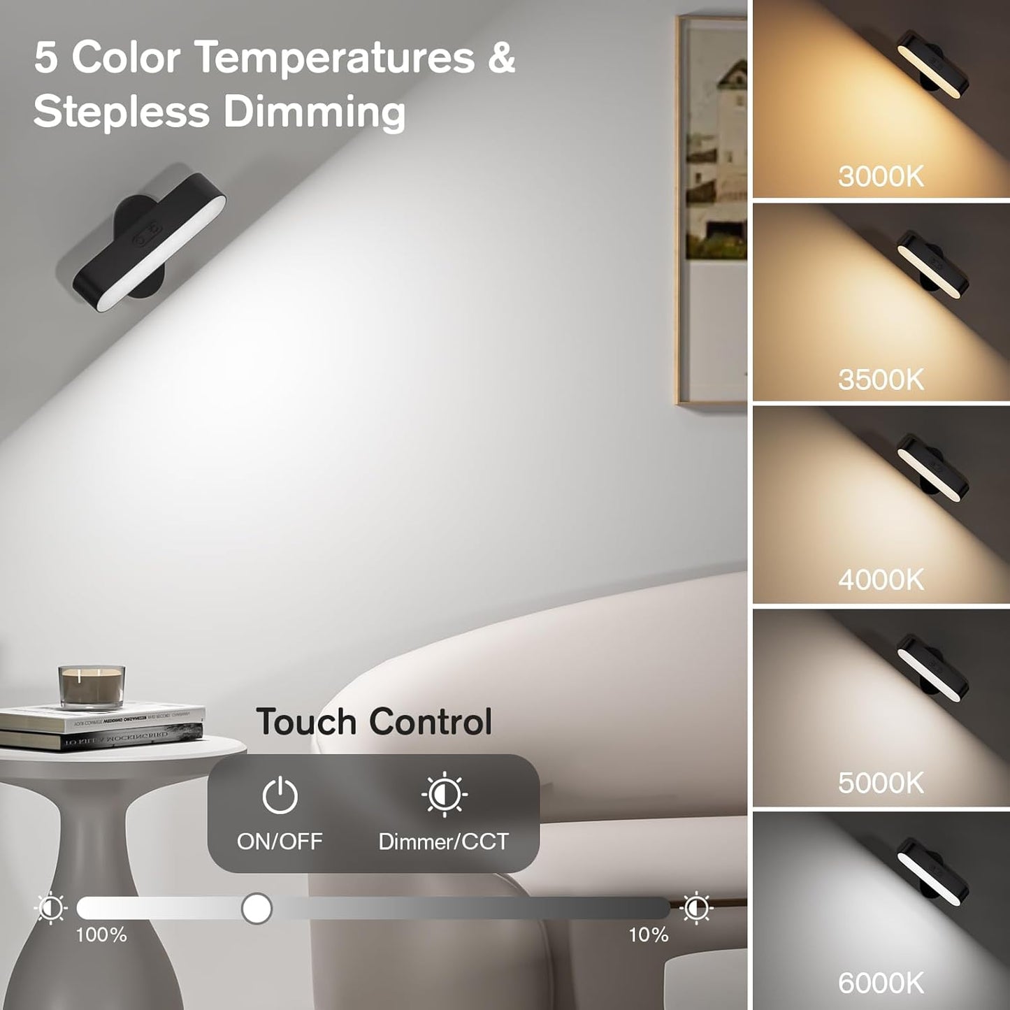 Battery Operated Wall Sconces Set of 2, Rechargeable&Cordless, Black | 5 Color Temps & Dimmable Touch Control
