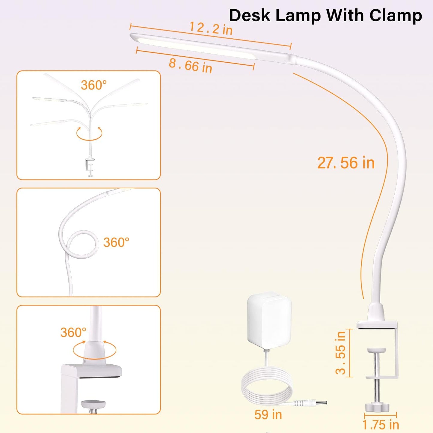 LED Desk Lamp With Clamp, 10W Gooseneck Lamps Touch Control,Swing Arm Clamp Lamp, Architect Clamp Desk Lamp