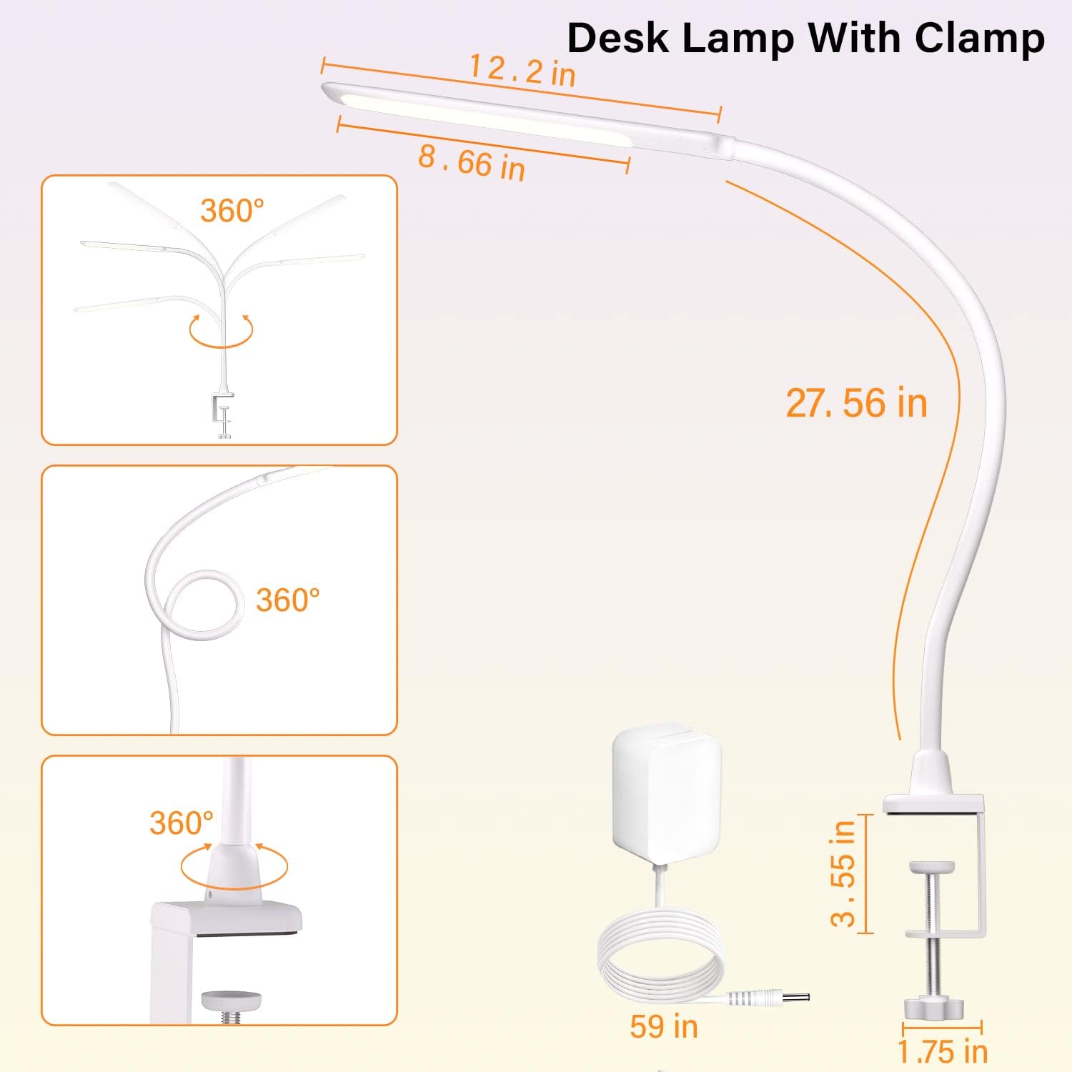 LED Desk Lamp With Clamp, 10W Gooseneck Lamps Touch Control,Swing Arm Clamp Lamp, Architect Clamp Desk Lamp