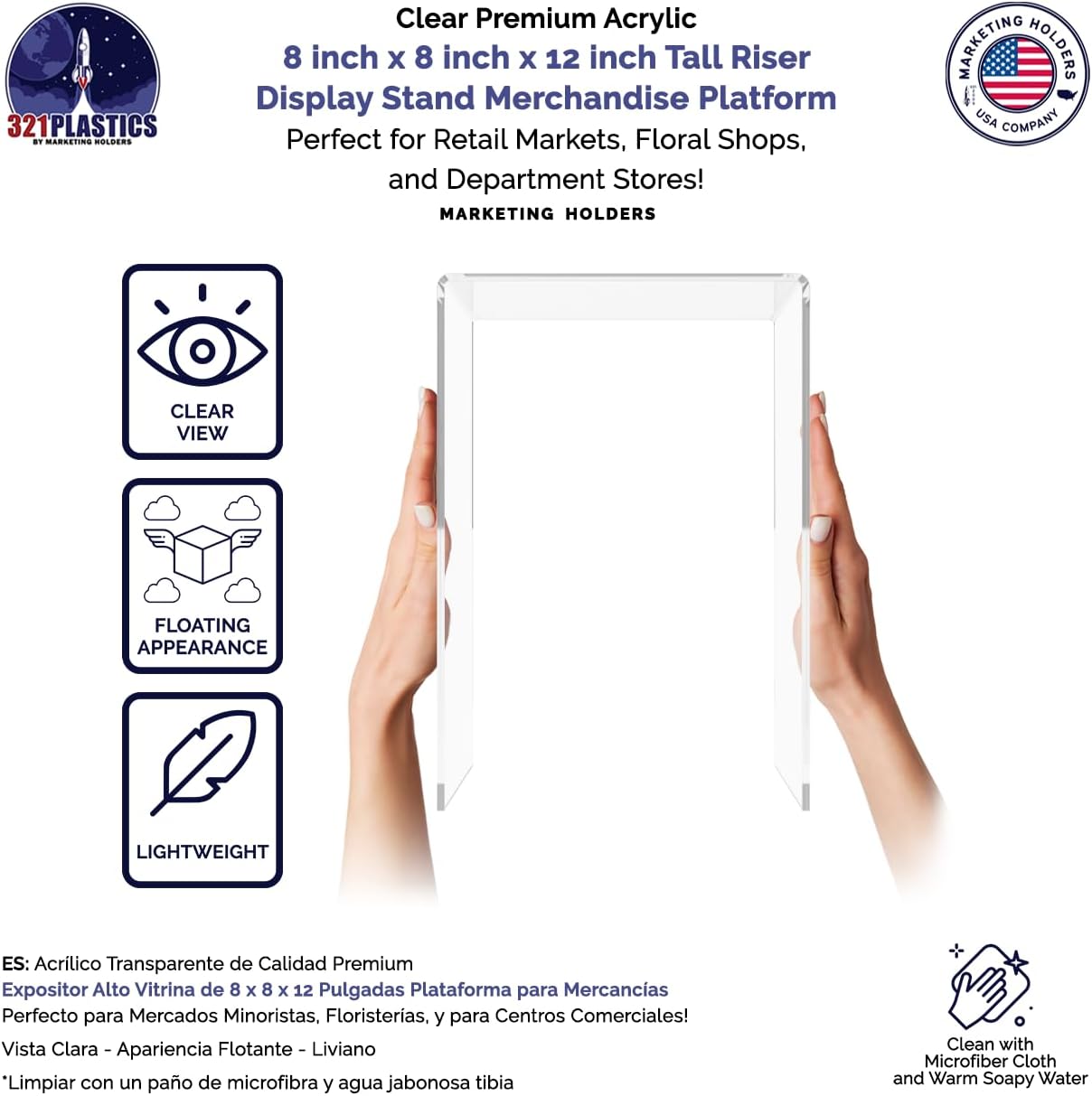 Marketing Holders 4 Pack Clear Acrylic Riser Display Stand 8" x 8" x 12" Merchandise Showcase One Piece Fixture Retail