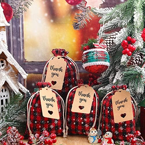 Shappy 24 Pcs Christmas Drawstring Gift Bags Xmas Buffalo Plaid Burlap Advent Bags 5.5 x 4 Inches Linen Treat Candy Bag with 32.8 ft Rope 24 Card(Black Red Snowflake)