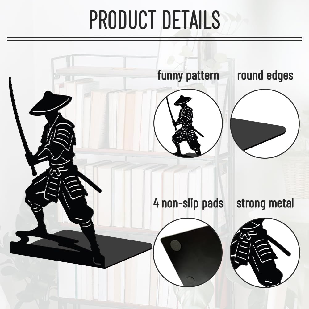 Japanese Anime Warrior Heavy Duty Metal Book Ends for Men / Japanese Samura / Black