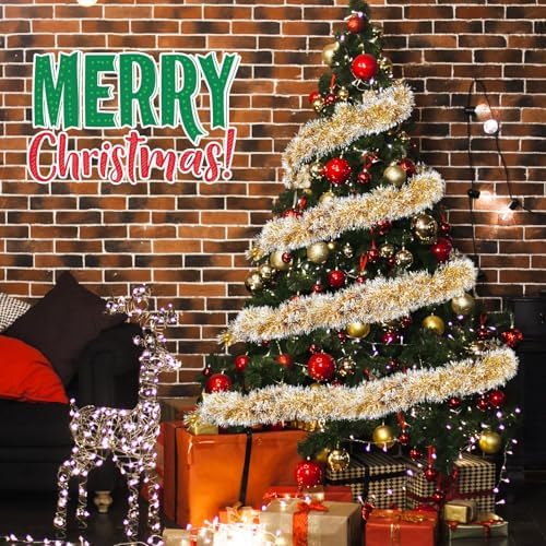 Shappy 90 ft 6 Rolls Christmas Tinsel Garland for Tree, Gold Frosted Tip