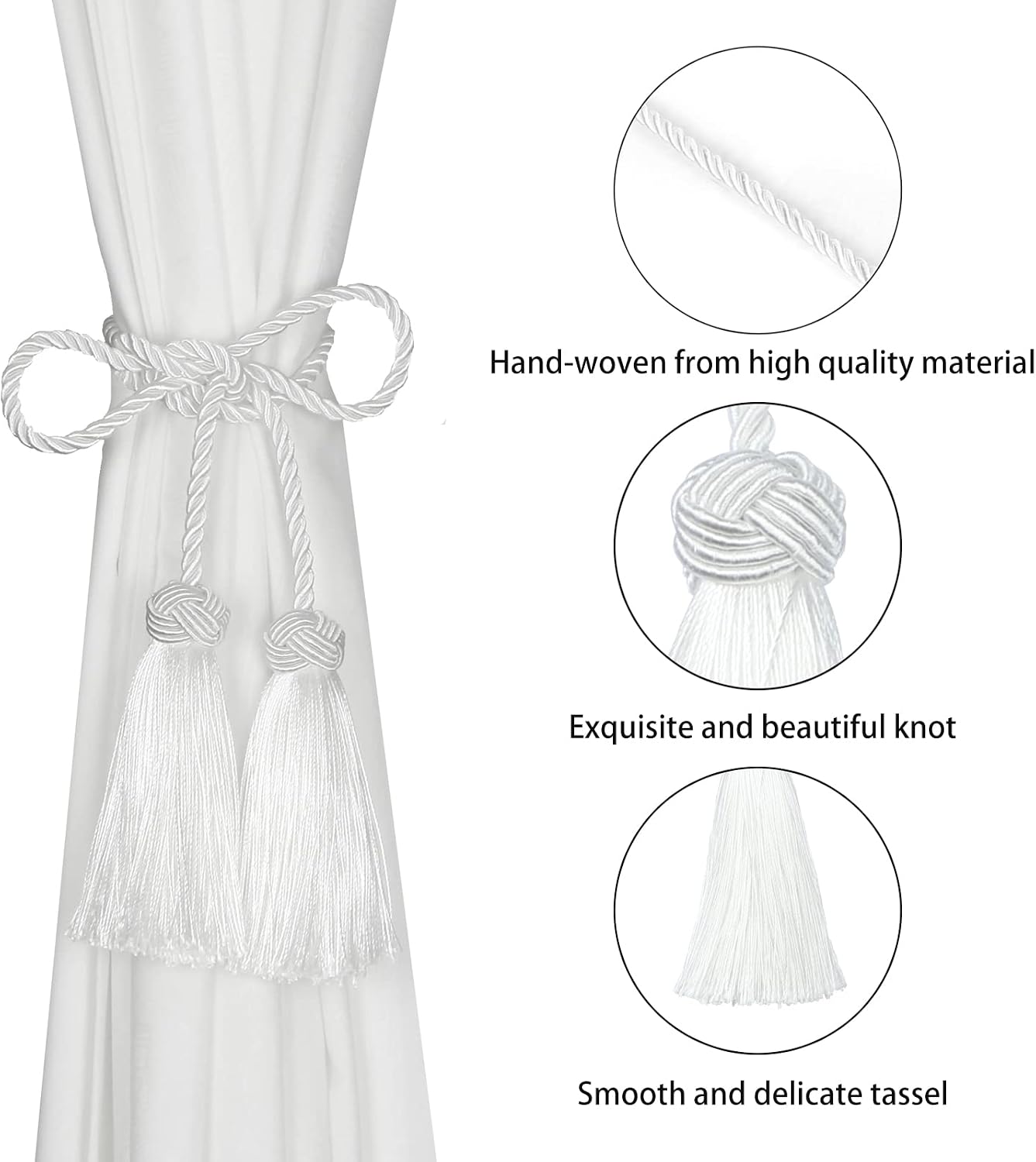BEL AVENIR 6 Pack Handmade Rope Tassel Curtain Tiebacks | Decorative Curtain Holdbacks with Tassel (White, 6 Pack)