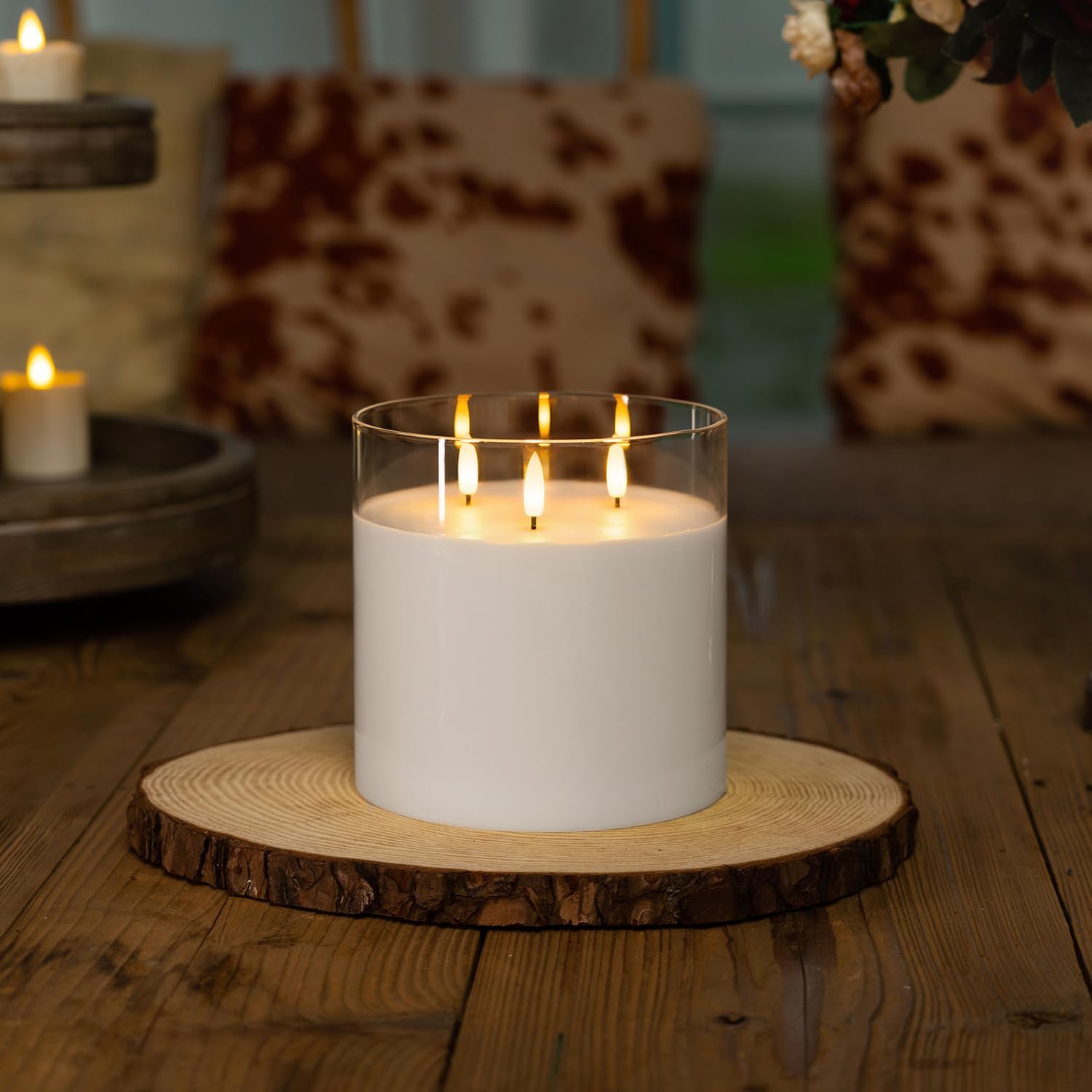 Homemory Pure White Large Glass Flameless LED Candle, 3 Wicks, Remote Timer | 6"x6", real wax, battery operated