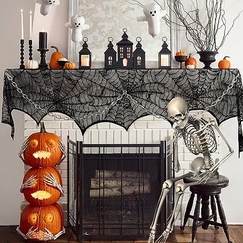 Hooqict Halloween Decoration Halloween Black Lace Spiderweb Fireplace Mantle Scarf Cover for Halloween Party Supplies 18 x 96 Inch