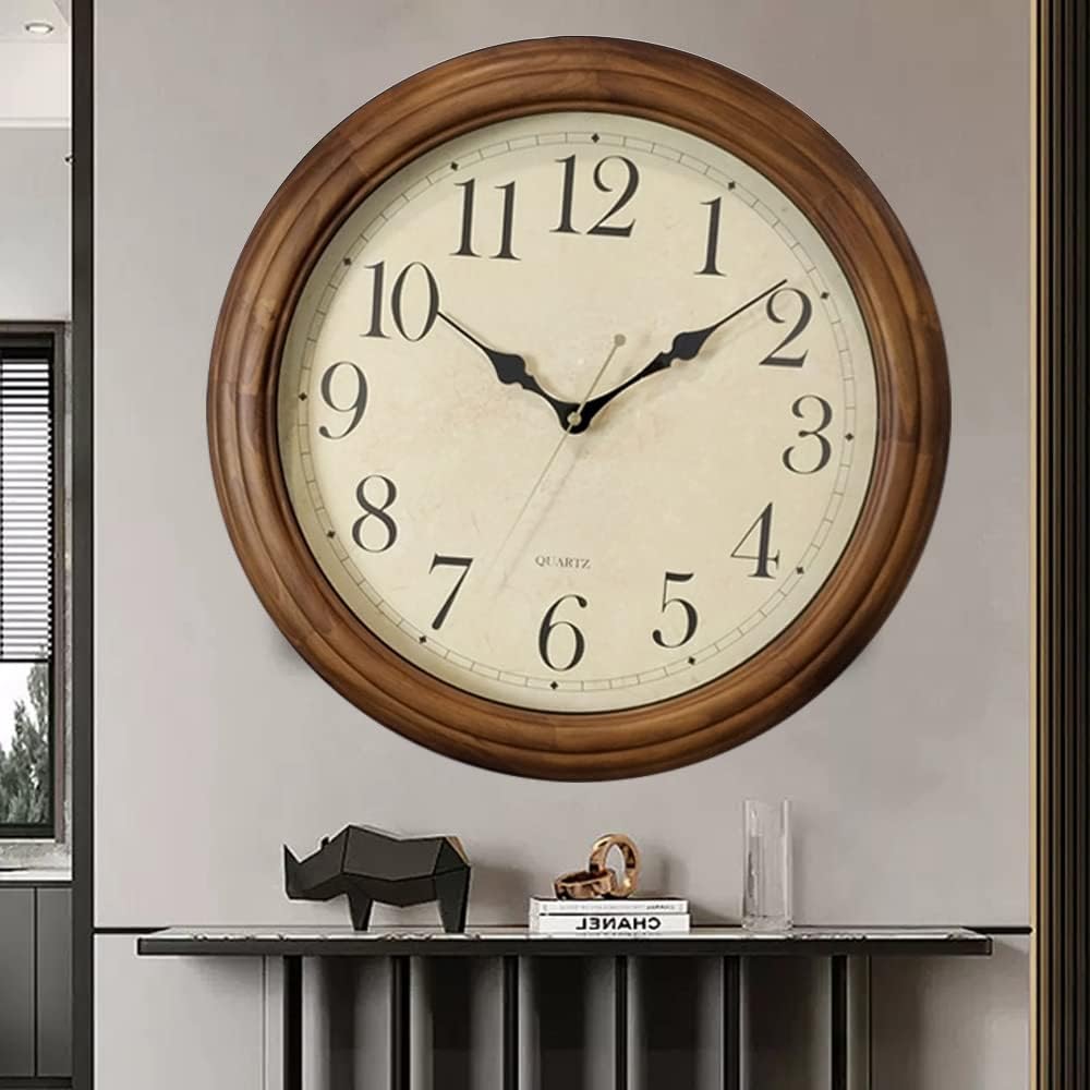 CHIRAY 16-Inch Solid Wood Silent Non-Ticking Decorative Wall Clock with Large Arabic Numerals Battery Operated Analog