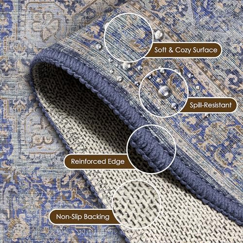 Washable Area Rug 3' x 5 ' Vintage Traditional Persian Mat - Foldable Distressed Non-Slip Machine Washable Carpet for