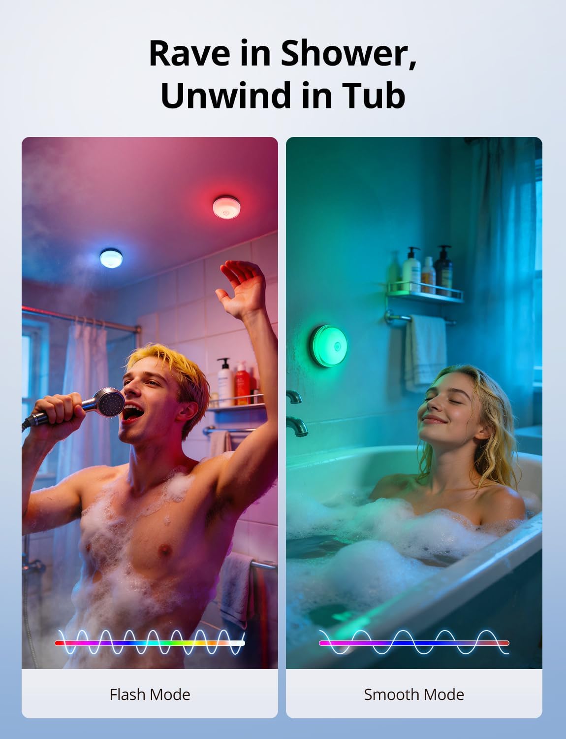 Rechargeable RGB Ambient Shower Light Waterproof Inside, 15 Color Changing Mood Lighting for Bathroom Bathtub IP65