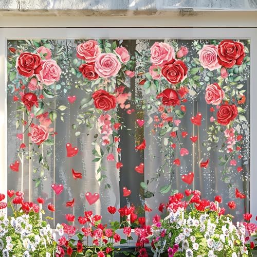 Whaline 9 Sheets Valentine Floral Window Cling Stickers Spring Rose Flower Hanging Vine Window Decals Eucalyptus Leaves Reusable Glass Decals for Wedding Party Home Decoration