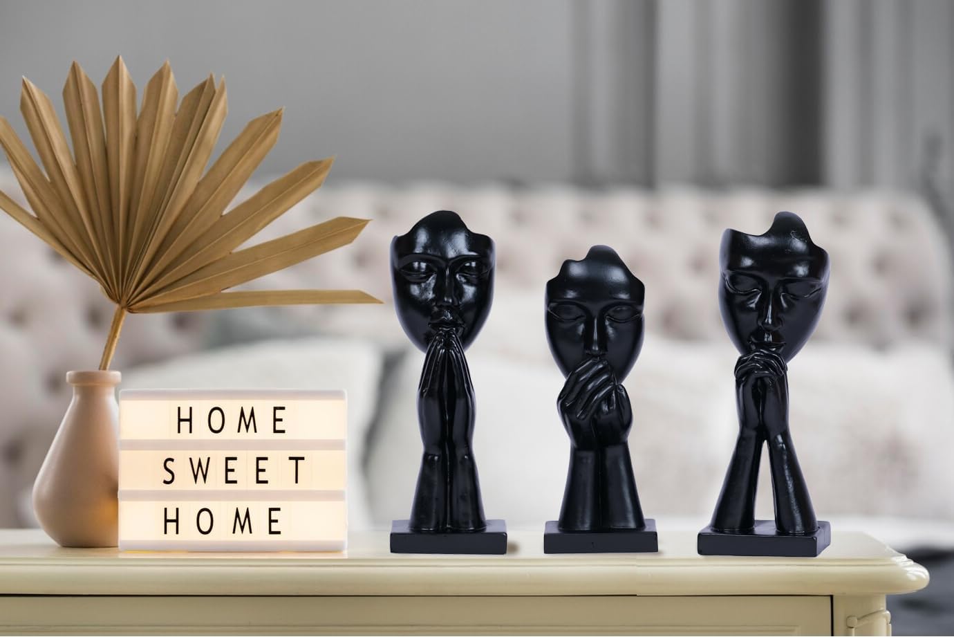 Prayer Statue Abstract Woman Black Face Sculpture Home Decorations Modern / Black Prayer / Set of 3