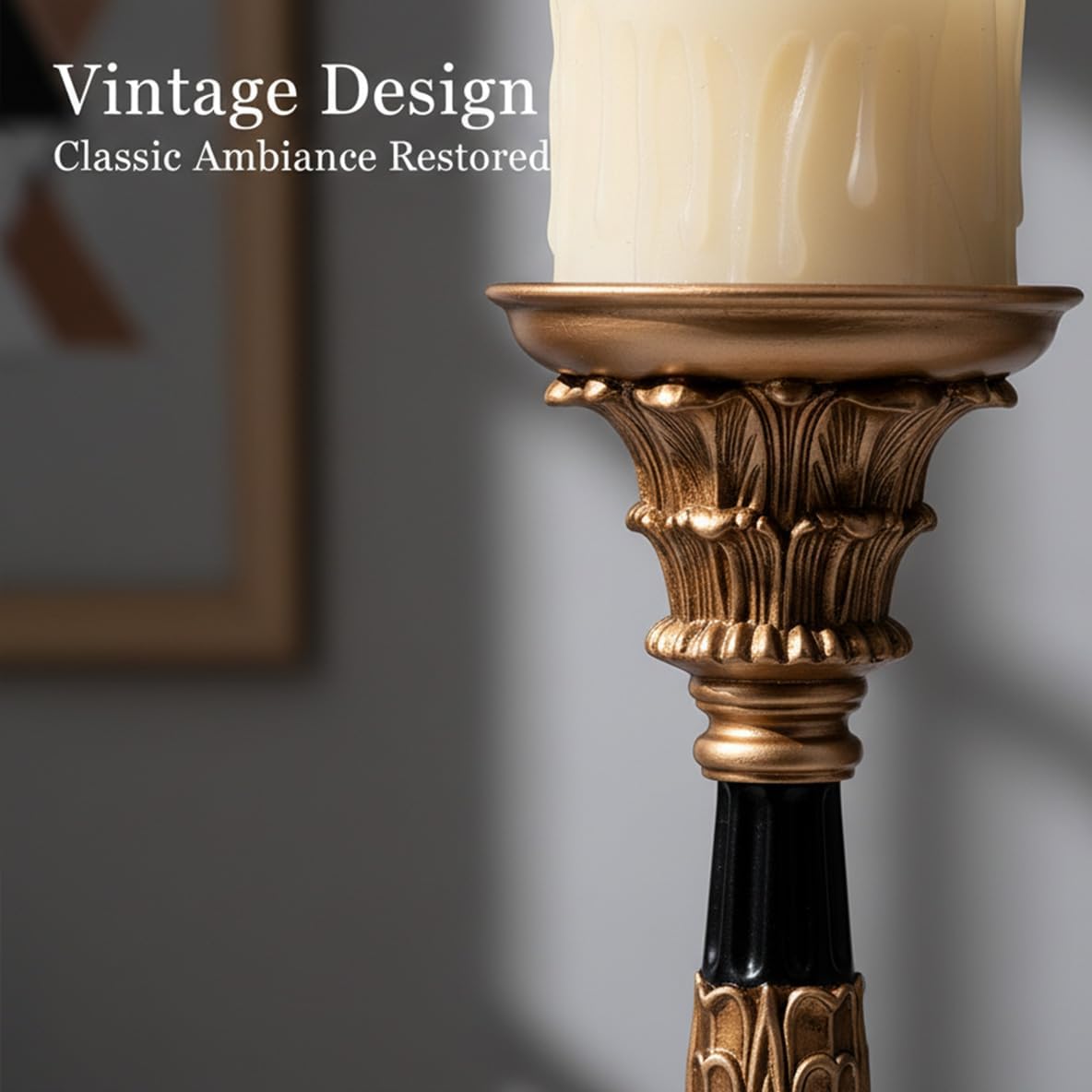 Resin Pillar Candle Holders Set of 3 – an Antique Gold Frame with Engraved Decorations (9", 7.5", 6") with 3.1" Tray &
