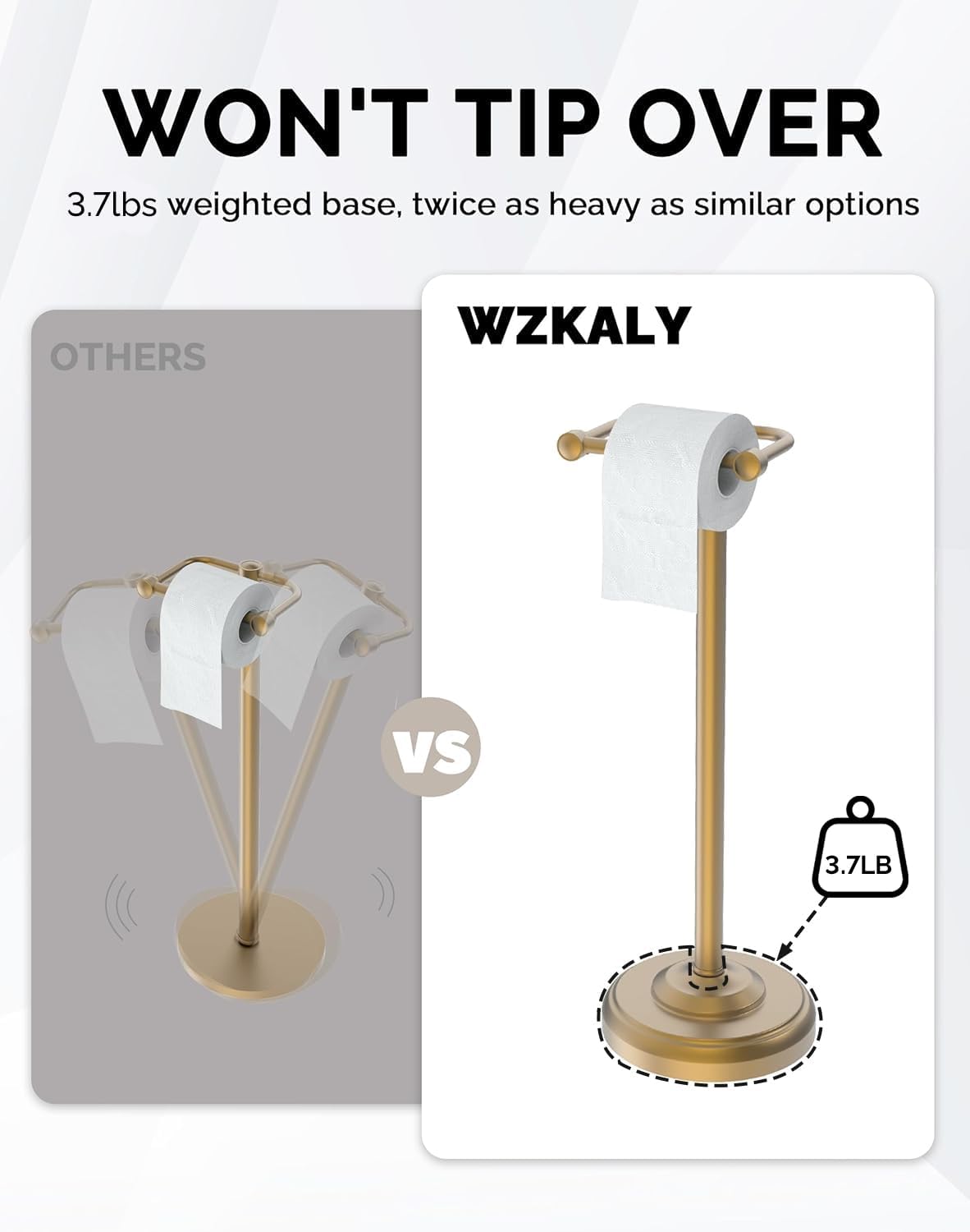 Gold Toilet Paper Holder Stand Stainless Steel & Weighted Base | Brushed Finish Post Pivoting Design Easy to Change
