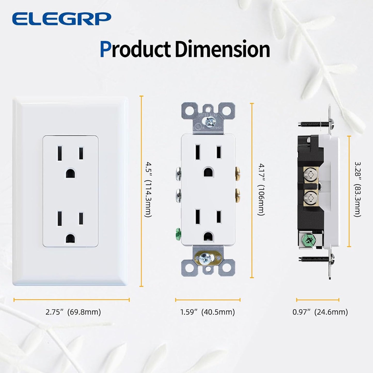 ELEGRP Decorator Receptacle, 15A 125V Standard Electrical Wall Outlet, Non-TR, 2 Pole 3 Wire, Self-Grounding