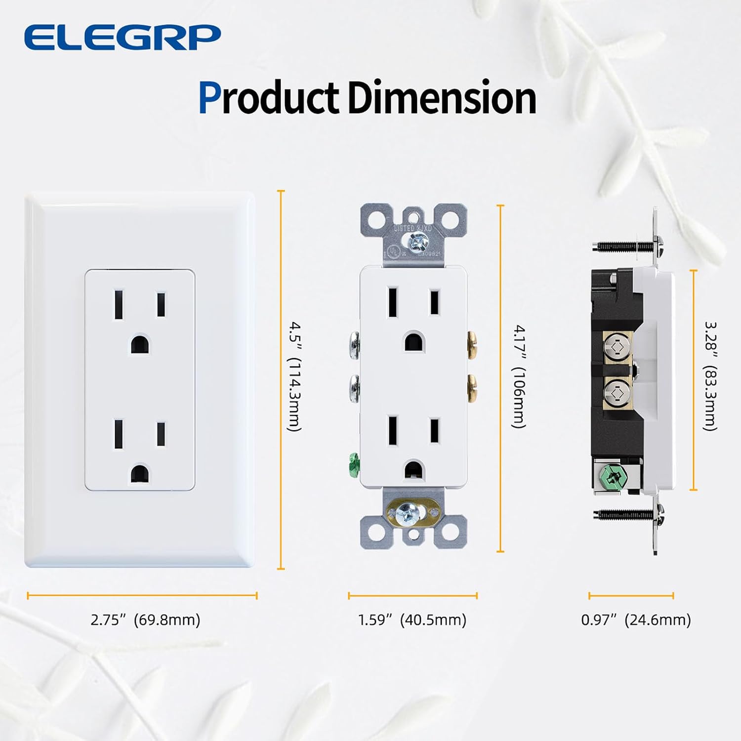 ELEGRP Decorator Receptacle, 15A 125V Standard Electrical Wall Outlet, Non-TR, 2 Pole 3 Wire, Self-Grounding