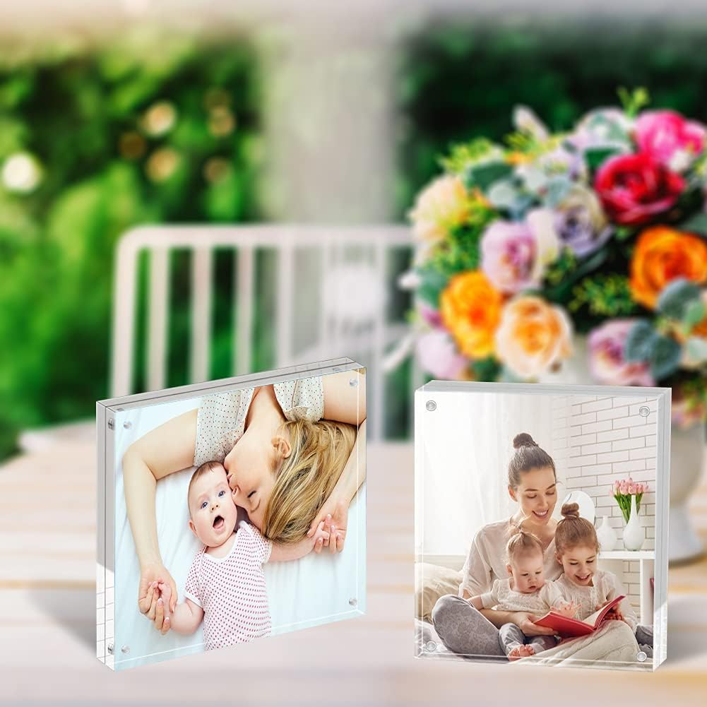 ILYXY 2 Pack Acrylic Frame 8x8, 20% Thicker, 24mm Thick Frameless Clear Square Picture Frame, Double Sided Magnetic
