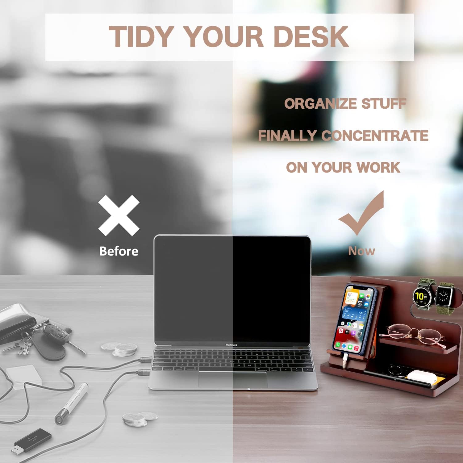 OUTXE Wood Phone Docking Station, Men Gifts Nightstand Organizer for Phone, Keys, Wallet, Glasses, Gifts for Dad's