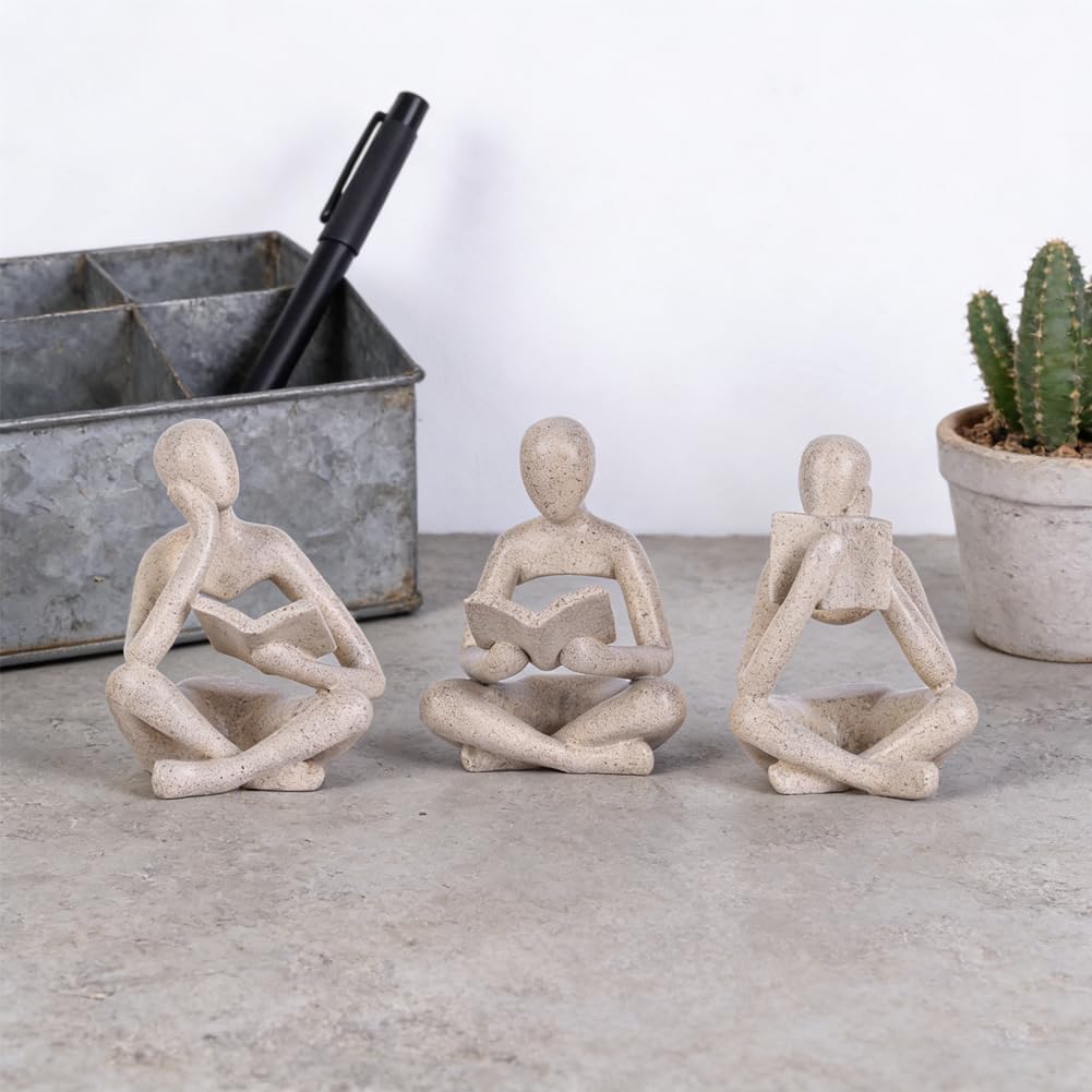 Thinker Statue / Matte Sandstone Resin Reading Figurines / Sandstone Color / Set of 3