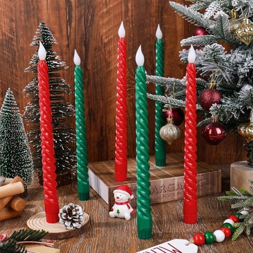 Whaline 6 Pcs Christmas LED Flameless Spiral Candles with Remote Battery Operated Taper Candles Xmas Red Green Electric Candle Boxed for Party Home Table Centerpiece Decor