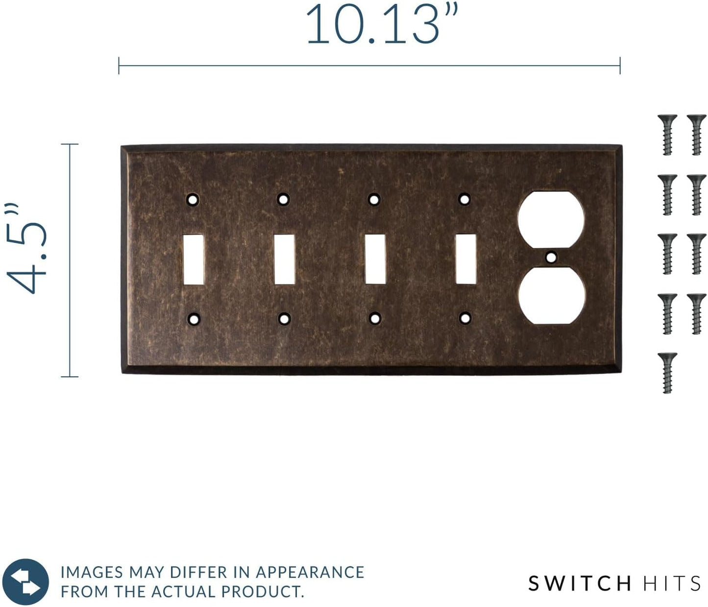 Quad Light Switch Plate Outlet Cover GFCI Wall Plate | 4 Toggle - 1 Duplex Mottled Antique Brass Electrical Faceplate