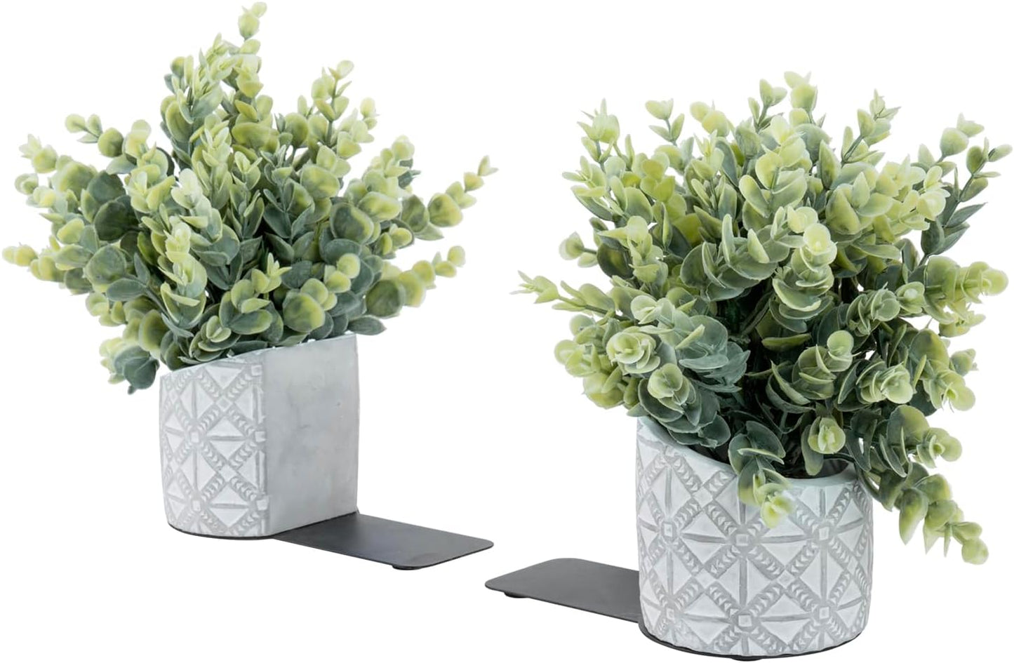Plant Potted in Modern Geometric Embossed Concrete / Artificial Eucalyptus / Gray