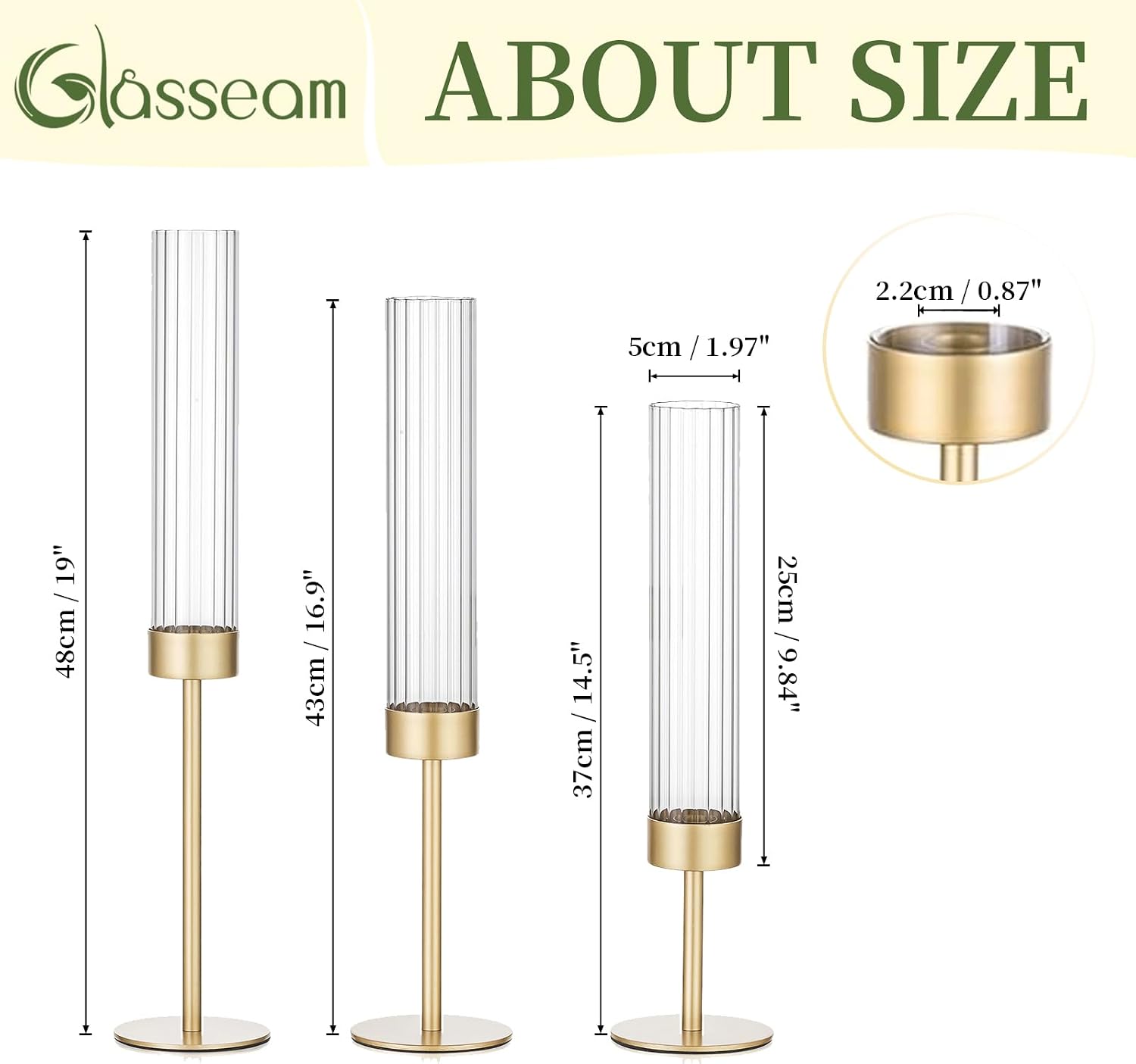 Glasseam Hurricane Gold Candlestick Holders: 6Pcs Taper with Glass Cylinder | Brass Candle Stick, Ribbed, Fluted Shade