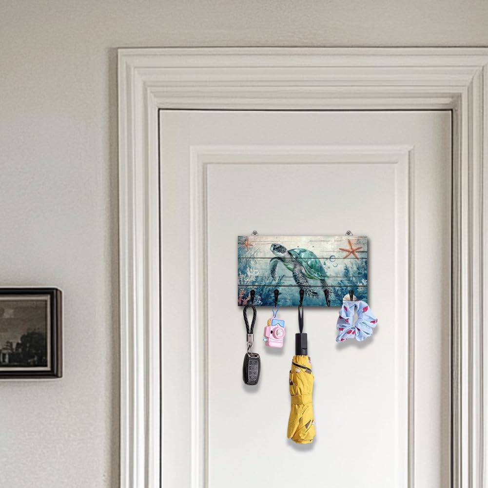 Sea Turtle Ocean Key Holder Key Hooks Organizer Hanger Rack Wall Mounted Wooden Key Rack