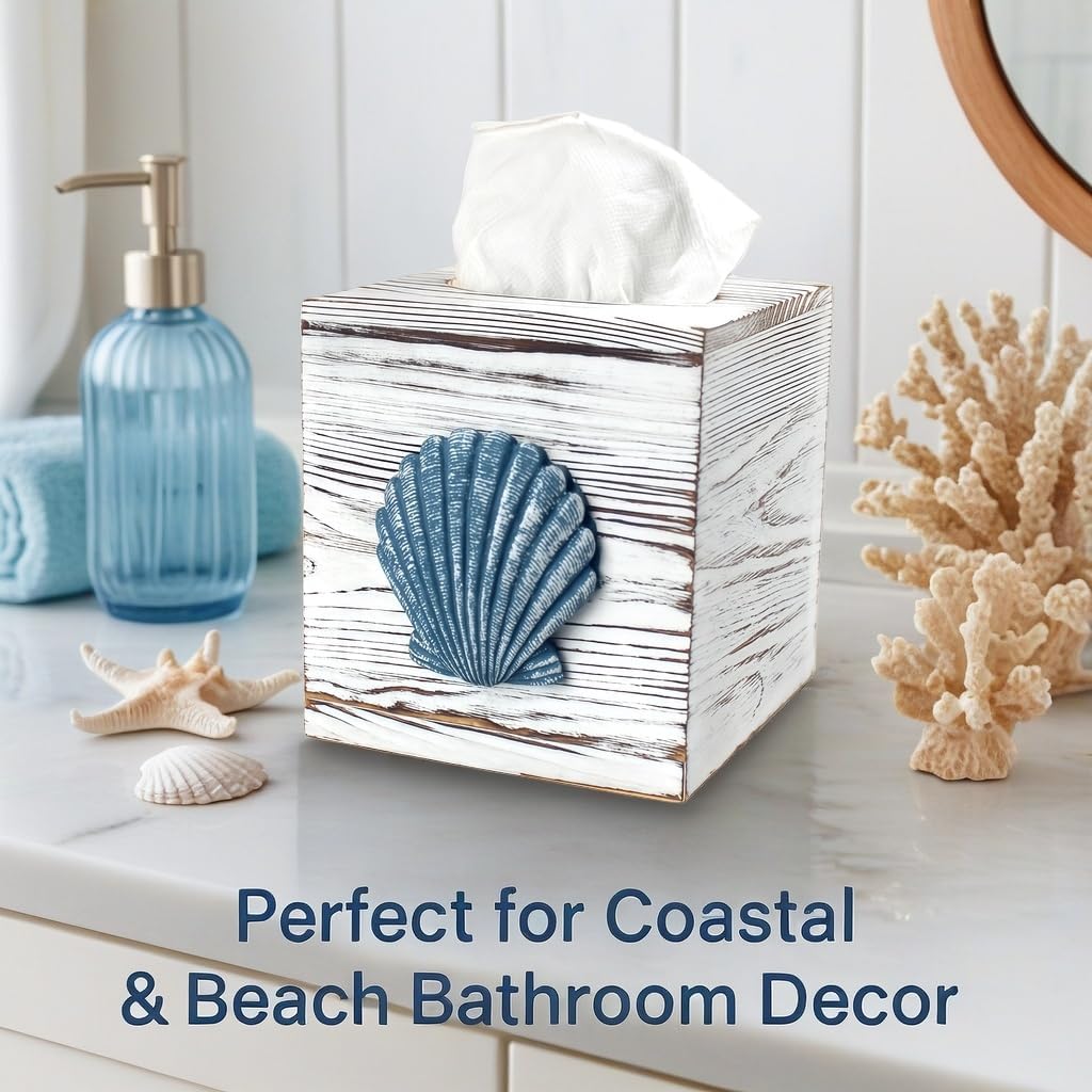 Coastal Tissue Box Cover Wooden Retro / Seashell