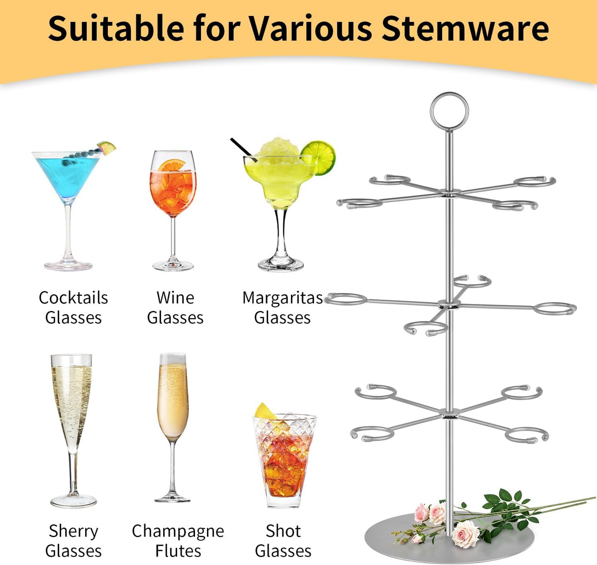 QPIX DIGITAL Cocktail Tree Stand, Metal Drink Tower, 3 Tier - 12 Holders For Champagne, Cocktails,Martini, Margarita