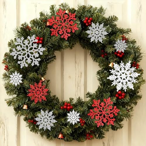 36pcs White Silver and Red Christmas Snowflake Ornaments, Plastic Glitter Hanging Snow Flakes for Christmas Tree Decorations Winter Wonderland Frozen Birthday Party Home Decor Craft Snowflakes