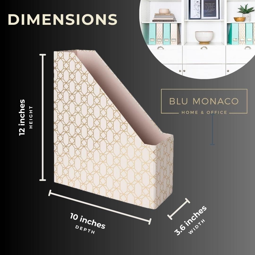 BLU MONACO | Set of 4 Foldable Pink & Aqua Magazine File Holders with Gold Geometric Patterns | Vertical File Organizer