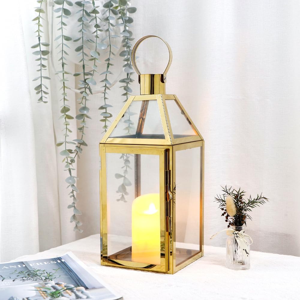 JHY Design Gold Decorative Lanterns 16" H Stainless Steel Candle Lanterns with Tempered Glass for Indoor Outdoor Events