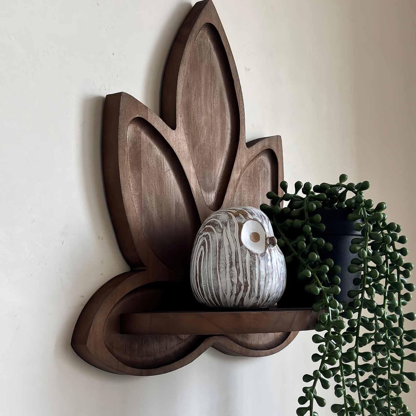 Small Carved Lotus Flower Wooden Floating Wall Shelf / Walnut